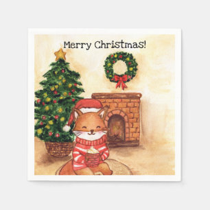 Christmas fox by the fireplace napkin