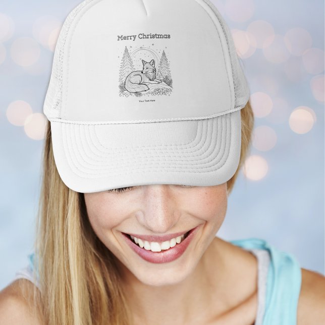 Christmas Fox Line Art Wildlife Landscape Trucker Hat (A personalized festive trucker hat with winter fox design and 'Merry Christmas' words)