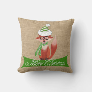 Christmas Fox on Faux Burlap Pillow