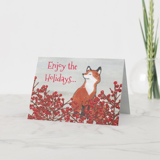 Christmas Fox Red Berries Winter Holiday Funny Card (Front)