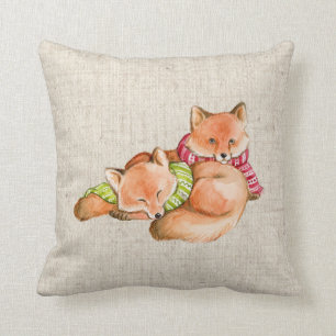 christmas foxes linen look pillow cushion