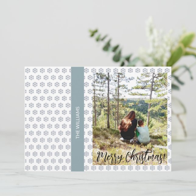 Christmas Framed Family Photo White Blue Holiday Card (Standing Front)