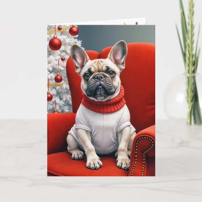 Christmas French Bulldog On a Red Chair Card (Front)