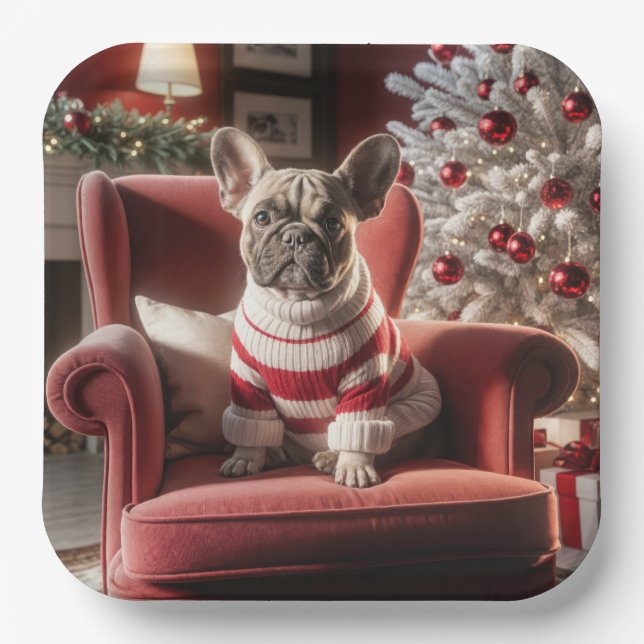 Christmas French Bulldog On a Red Chair Paper Plate (Front)