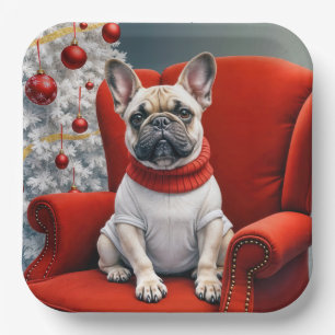 Christmas French Bulldog On a Red Chair Paper Plate