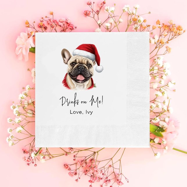Christmas French Bulldog Personalised Drinks On Me Napkin (Creator Uploaded)