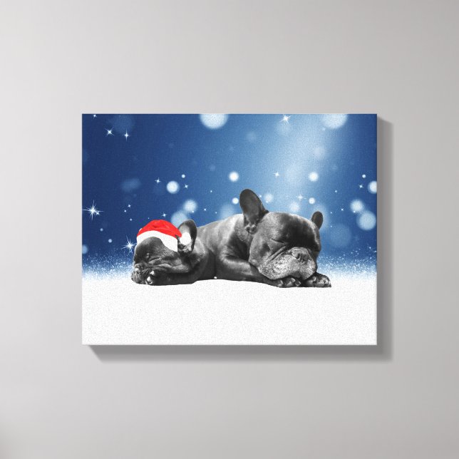 Christmas French Bulldog Puppies snow santa hat Canvas Print (Front)