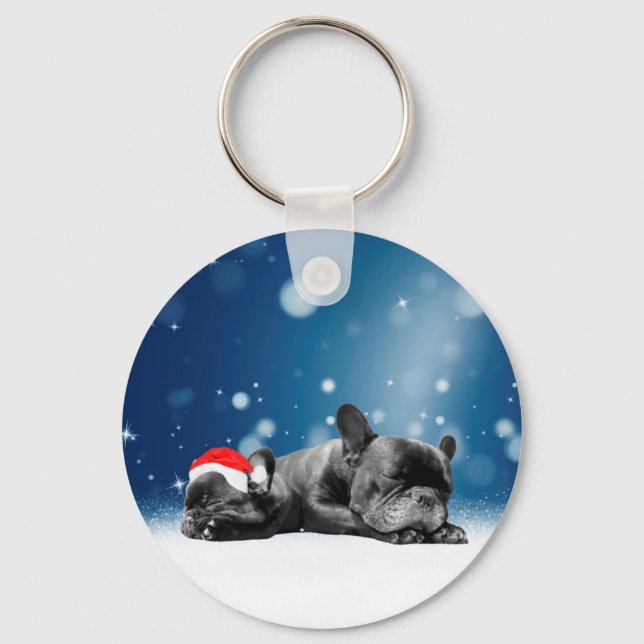 Christmas French Bulldog Puppies snow santa hat Key Ring (Front)