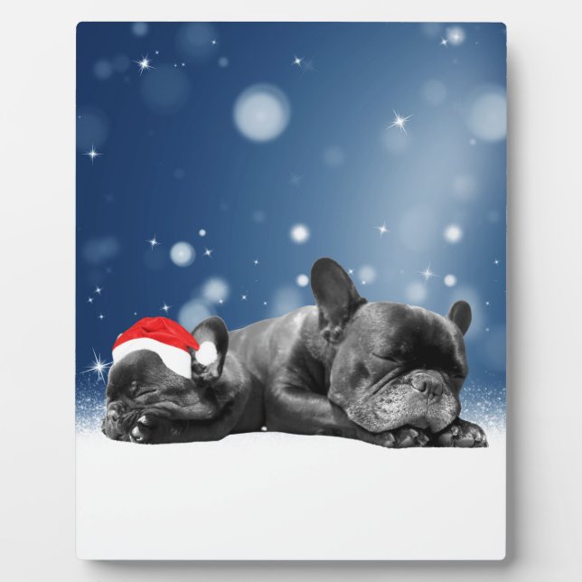Christmas French Bulldog Puppies snow santa hat Plaque (Front)