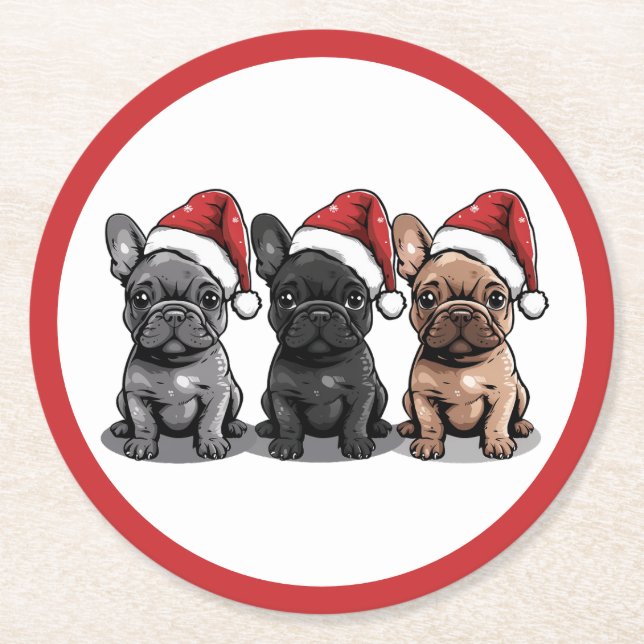 Christmas French Bulldog Santa Dog Round Paper Coaster (Front)
