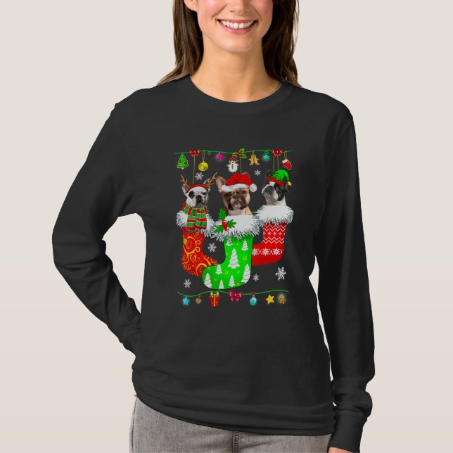 Christmas French Bulldog Santa Socks Matching Dog  T-Shirt (Front)