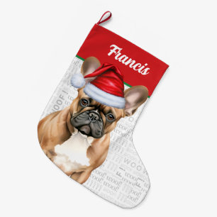 Christmas French Bulldog with Name Woof Background Large Christmas Stocking