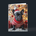 Christmas French Bulldog With Santa Hat Card<br><div class="desc">A black French bulldog in a red and white striped sweater sits on a white fur rug.
Text can be changed.</div>