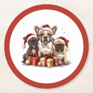Christmas French Bulldogs Santa Hat Round Paper Coaster