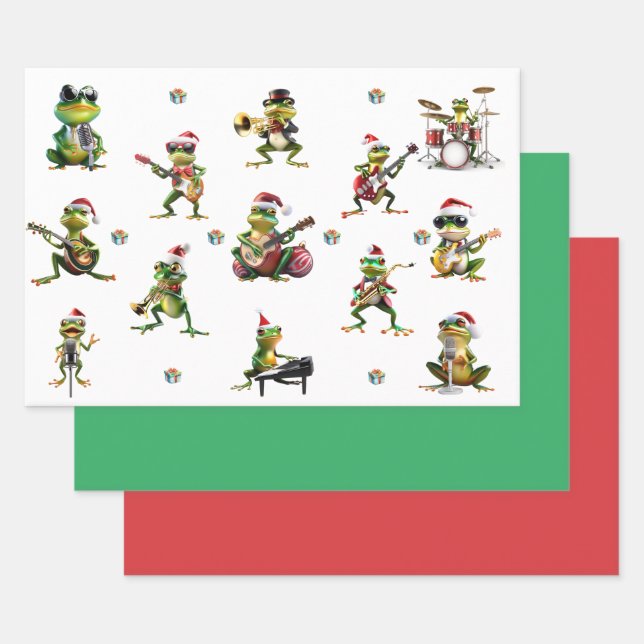 Christmas Frog Jazz Band and Solids Green & Red  Wrapping Paper Sheet (Set)