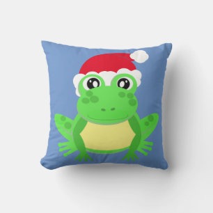 Christmas Frog Santa Hat Novelty Funny Blue Cushion