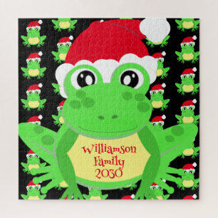 Christmas Frog Santa Hat Pattern Black Novelty Jigsaw Puzzle