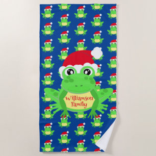 Christmas Frog Santa Hat Pattern Blue Novelty  Beach Towel