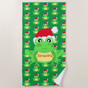 Christmas Frog Santa Hat Pattern Green Novelty Beach Towel