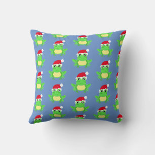 Christmas Frog Santa Hat Pattern Novelty Blue Cushion
