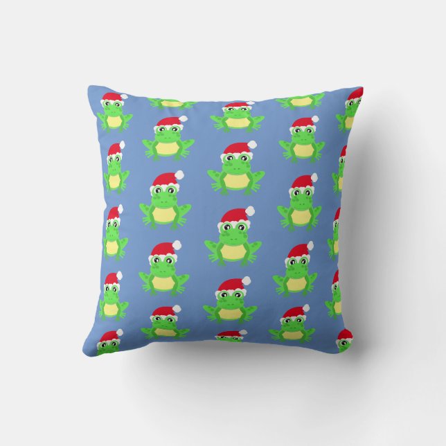 Christmas Frog Santa Hat Pattern Novelty Blue Cushion (Back)