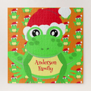 Christmas Frog Santa Hat Pattern Orange Novelty Jigsaw Puzzle