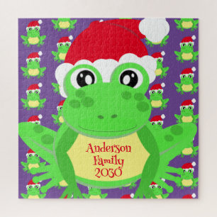 Christmas Frog Santa Hat Pattern Purple Novelty  Jigsaw Puzzle