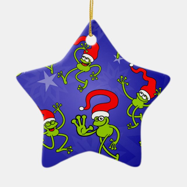 Christmas Frogs jumping, dancing and celebrating! Ceramic Tree Decoration (Front)