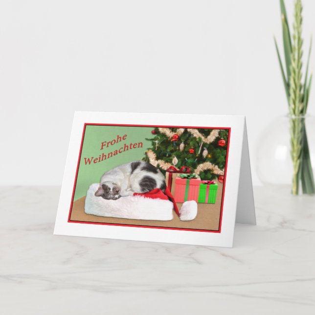 Christmas, Frohe Weihnachten, German, Sleeping Cat Holiday Card (Front)