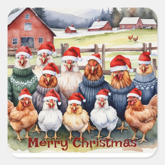 Christmas From All Of Us Group Chickens Fun Square Sticker (Front)