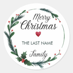 Christmas From Last Name Stickers Wreath Heart