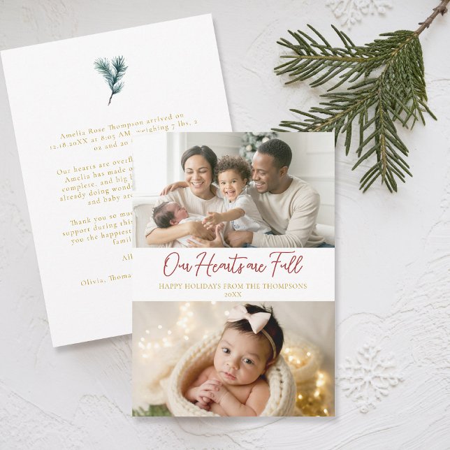 Christmas Full Hearts Classic Family Baby 2 Photos Holiday Card (christmas family card baby announcement card modern calligraphy simple elegant 2 photos red gold)
