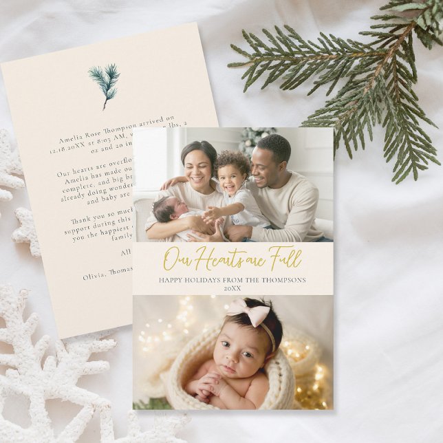 Christmas Full Hearts Soft Family Baby 2 Photos Holiday Card (christmas family card baby announcement card modern calligraphy simple elegant 2 photos cream gold)