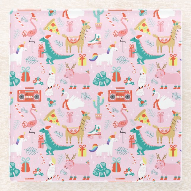Christmas Fun: Animal Seamless Pattern. Glass Coaster (Front)