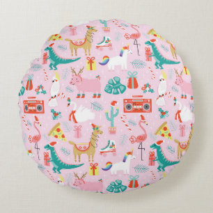 Christmas Fun: Animal Seamless Pattern. Round Cushion