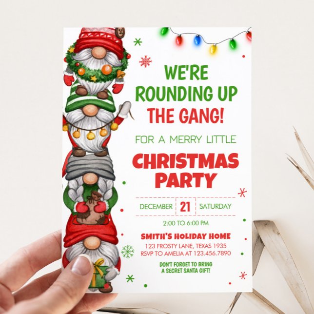 Christmas Fun Gnomes Christmas Party Invitation (Christmas Gnomes We're Rounding Up the Gang Christmas Party Invitation)