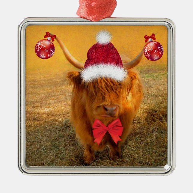 Christmas Fun Scottish Highland Steer Metal Tree Decoration (Front)