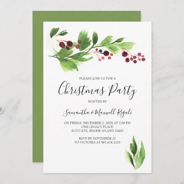 Christmas Function Invite Red Berries & Greenery (Front/Back)