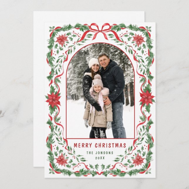 Christmas Funky Whimsical Red Bow Wreath 2 Photo Holiday Card (Front/Back)