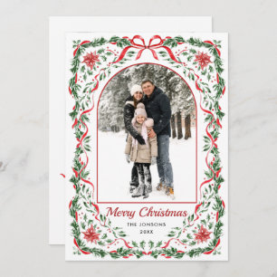 Christmas Funky Whimsical Red Bow Wreath 2 Photo Holiday Card