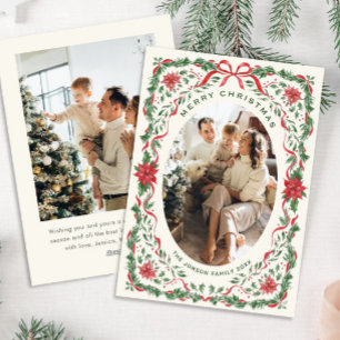 Christmas Funky Whimsical Red Bow Wreath 2 Photo Holiday Card