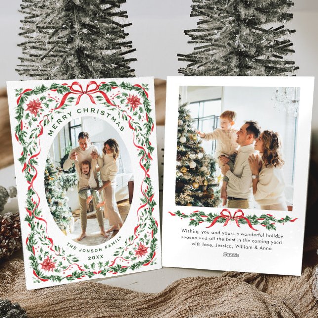 Christmas Funky Whimsical Red Bow Wreath 2 Photo Holiday Card (Creator Uploaded)