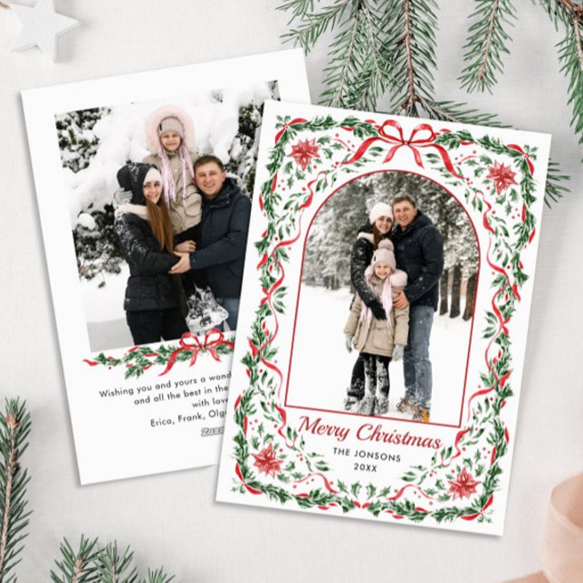 Christmas Funky Whimsical Red Bow Wreath 2 Photo Holiday Card (Creator Uploaded)