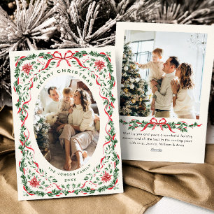 Christmas Funky Whimsical Red Bow Wreath 2 Photo Holiday Card
