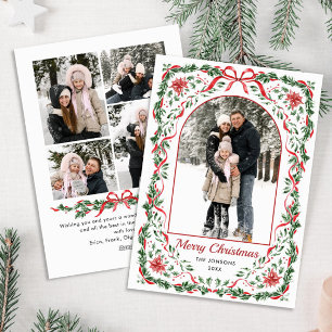 Christmas Funky Whimsical Red Bow Wreath 5 Photo Holiday Card