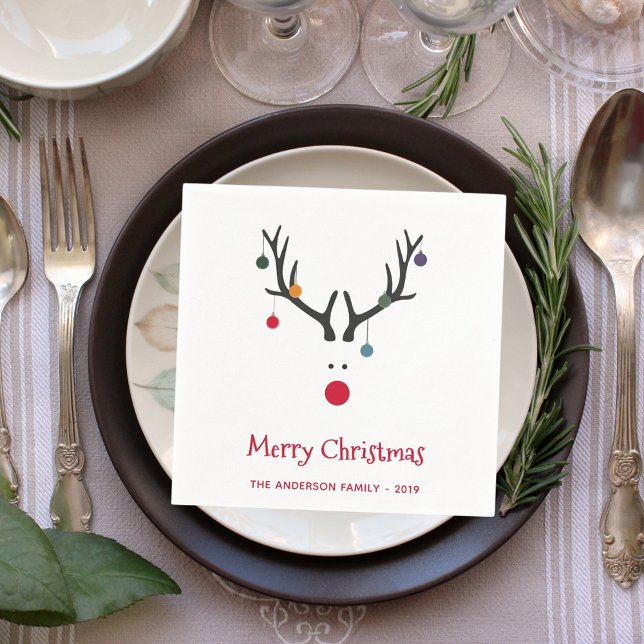 Christmas funny abstract reindeer white red name napkin (Creator Uploaded)