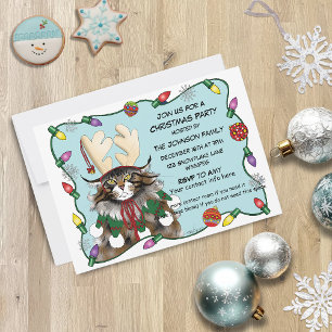 Christmas Funny Antler Cat Invitation
