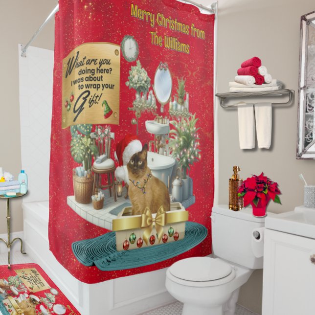 Christmas Funny Cat in Litterbox Shower Curtain (Cute )