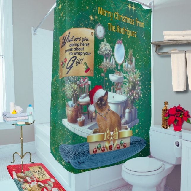 Christmas Funny Cat in Litterbox Shower Curtain (Realistic Cat)