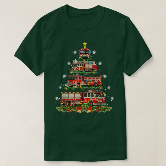 Christmas Funny Decor Firefighter Truck Tree  T-Shirt (Design Front)